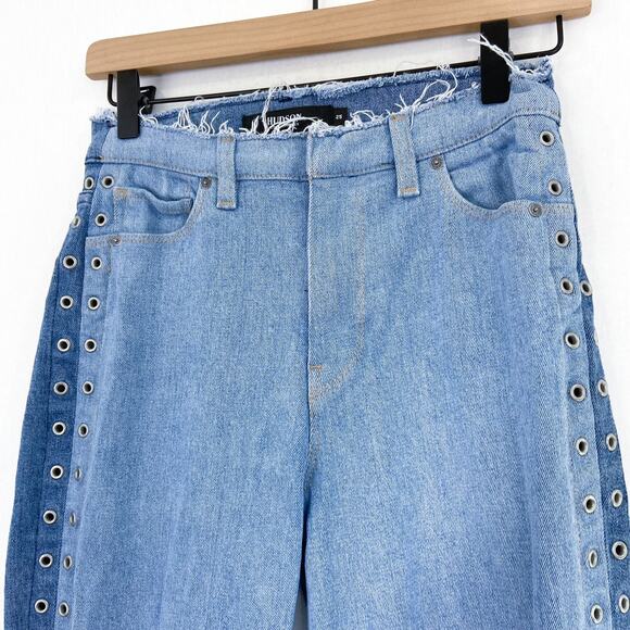 Hudson Holly Straight Leg 2 Tone Raw Hem High Rise Crop Jeans Grommet Gunge 25 - Picture 5 of 10